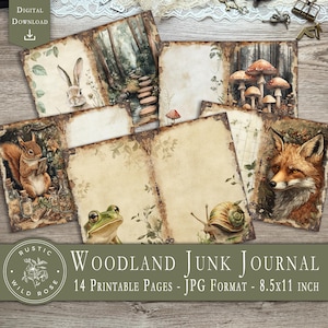 Pages du Woodland Junk Journal | Kit numérique d'éphémères forestiers, papier de scrapbooking nature imprimable, journalisation Cottagecore bricolage, faune rustique