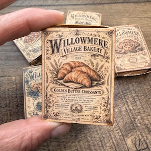 Vintage printable bakery matchbox collection featuring six miniature matchbox kits, recipe cards, bakery ephemera, and coordinating paper crafting elements from The Willowmere Village Bakery.