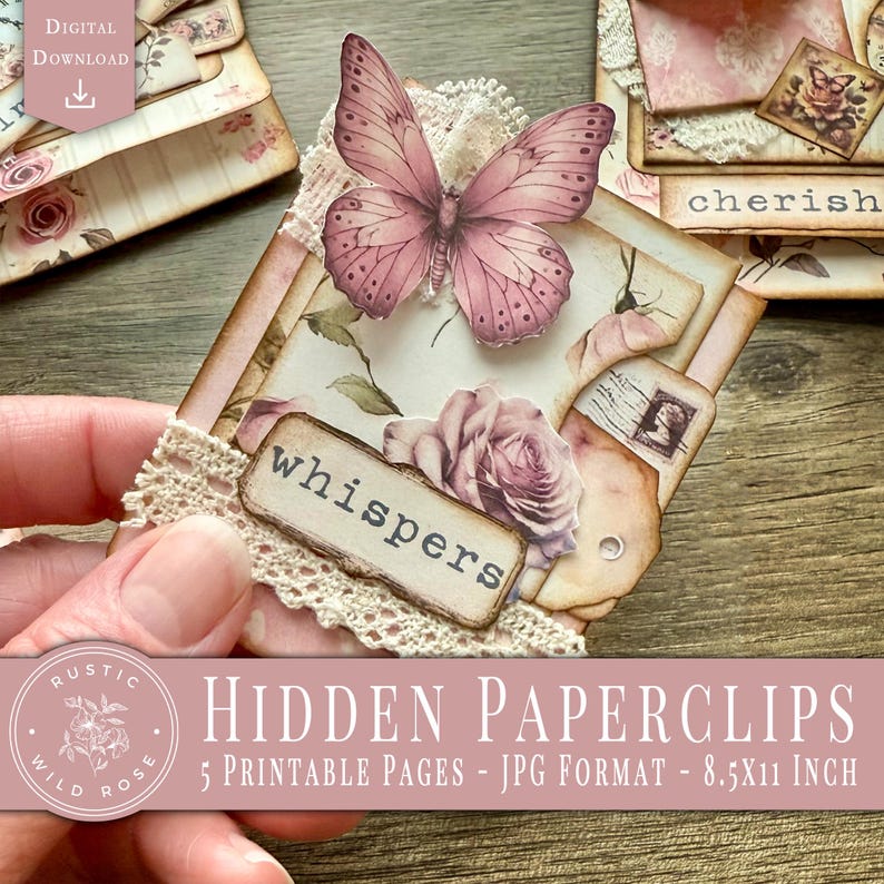Digital printable dusty rose hidden paperclip kit featuring vintage-inspired designs for junk journals, scrapbooking, and paper crafts. Includes floral and shabby chic patterns in soft pink tones, ideal for creating hidden paperclip embellishments, tags, and decorative journal accents. High-resolution JPEG and PDF files for easy printing and cutting. Perfect for romantic, vintage, and shabby chic crafting themes.