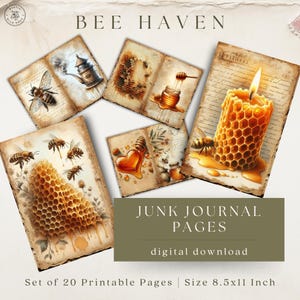 Bee Haven Junk Journal Pages – Printable Vintage Honey Bee Paper – Floral Cottagecore Digital Download for Crafts