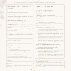 May include: A document titled Terms of Use for Rustic Wild Rose Co. digital products. The text outlines permitted uses for personal and small business projects, strictly prohibited actions, printing information, and intellectual property rights.