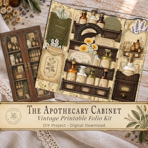 Puede incluir: Un kit de folio imprimible vintage de un gabinete de boticario con ilustraciones de estantes de madera, botellas de vidrio, etiquetas botánicas y flores. El texto dice The Apothecary Cabinet, Vintage Printable Folio Kit, DIY Project.