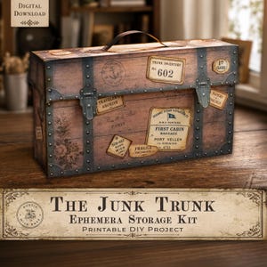 May include: A rectangular storage trunk with a wood grain finish, featuring metal-look corner reinforcements, two front latches, and a top handle. The exterior is decorated with vintage-style travel labels, stamps, and floral illustrations.