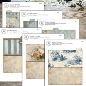 Printable French Country ephemera accordion storage suitcase kit in dusty blue, cream, and blush tones. Includes vintage-inspired suitcase panels, six coordinating folder inserts with toile, damask, and floral designs, matching backing paper, six small pockets, six elegant tags, and three luggage tags. Perfect for organizing and storing journaling supplies, scrapbooking materials, tickets, and keepsakes in a romantic French country style. Digital download for crafting.