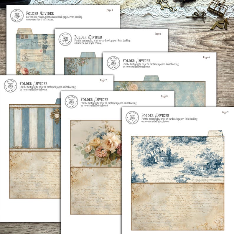Printable French Country ephemera accordion storage suitcase kit in dusty blue, cream, and blush tones. Includes vintage-inspired suitcase panels, six coordinating folder inserts with toile, damask, and floral designs, matching backing paper, six small pockets, six elegant tags, and three luggage tags. Perfect for organizing and storing journaling supplies, scrapbooking materials, tickets, and keepsakes in a romantic French country style. Digital download for crafting.