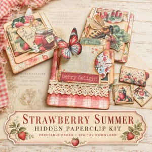 May include: A collection of paper craft items featuring strawberry and bee motifs, including layered cards with red plaid patterns, a butterfly cutout, lace trim, and a label reading berry delight. The set includes various tags and small cards.