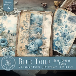 Pages de journal indésirables en toile bleue, éphémères vintage de Style Français, papier imprimable élégant, téléchargement numérique, kit de scrapbooking sur le thème bleu