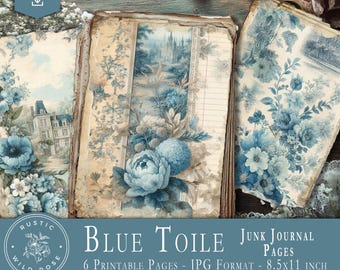 Blue Toile Junk Journal Pages: French Ephemera (Digital Download)