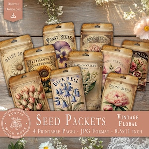Paquet de graines florales vintage, ensemble numérique, fleurs botaniques éphémères, motifs floraux, scrapbooking, imprimable, créations DIY, téléchargement numérique