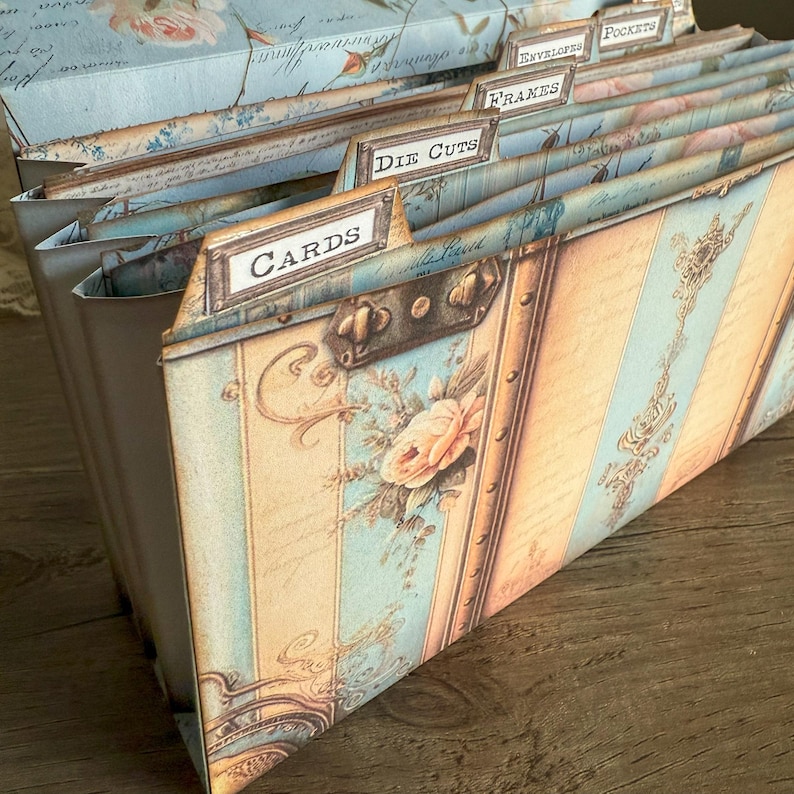Printable French Country ephemera accordion storage suitcase kit in dusty blue, cream, and blush tones. Includes vintage-inspired suitcase panels, six coordinating folder inserts with toile, damask, and floral designs, matching backing paper, six small pockets, six elegant tags, and three luggage tags. Perfect for organizing and storing journaling supplies, scrapbooking materials, tickets, and keepsakes in a romantic French country style. Digital download for crafting.