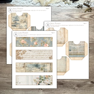 Printable French Country ephemera accordion storage suitcase kit in dusty blue, cream, and blush tones. Includes vintage-inspired suitcase panels, six coordinating folder inserts with toile, damask, and floral designs, matching backing paper, six small pockets, six elegant tags, and three luggage tags. Perfect for organizing and storing journaling supplies, scrapbooking materials, tickets, and keepsakes in a romantic French country style. Digital download for crafting.