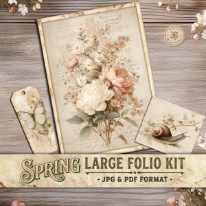 Könnte beinhalten: Ein Frühlings-Folio-Kit mit einem großen Blumendruck in zarten Rosa- und Weißtönen. Es enthält ein Etikett mit einem Schmetterling, einen kleinen quadratischen Druck mit einer Schnecke und den Text "SPRING LARGE FOLIO KIT".