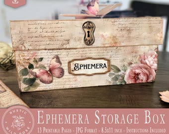 Printable Ephemera Storage Box, DIY Paper Craft Template, Shabby Chic Keepsake Organizer, Digital,   Scrapbooking, and Paper Crafts