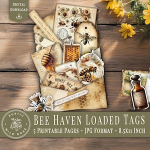 Bee Haven Loaded Tags – Vintage Honey Bee Printable Ephemera – Floral Junk Journal Tags – Digital Download for Crafts