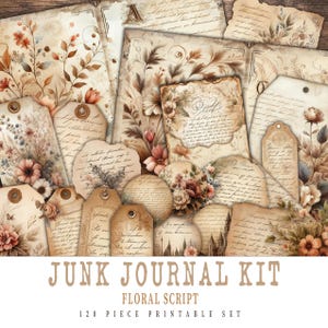 Kit de diário digital de lixo, script floral, itens vintage para impressão, download digital, folhas de colagem, artesanato em papel para impressão