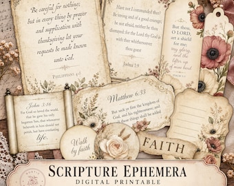 Scripture Ephemera Printable, Christian Junk Journal Kit, Bible Verse Cards, Faith Tags, Digital Download KJV