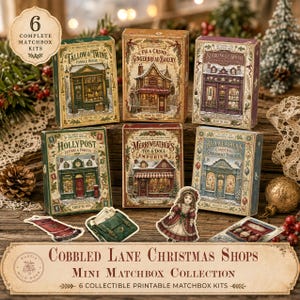 May include: A collection of six rectangular matchbox kits titled Cobbled Lane Christmas Shops. Each box features detailed illustrations of storefronts including Tallow & Twine, Fig & Crumb, Starling & Spruce, Hollypost, Merriweathers, and Bellweathers.