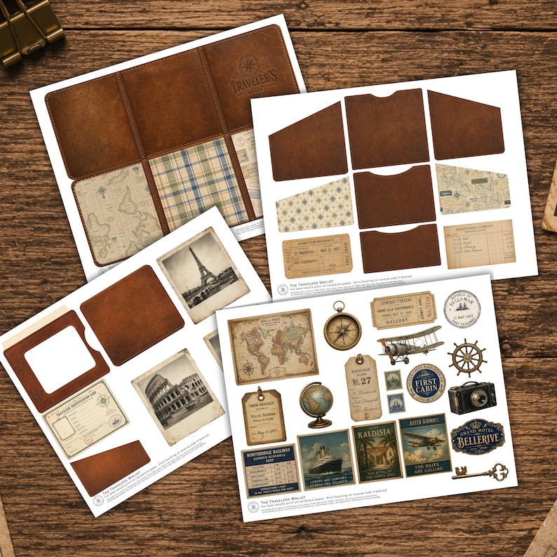 Printable vintage travel wallet kit with ephemera and antique map designs.