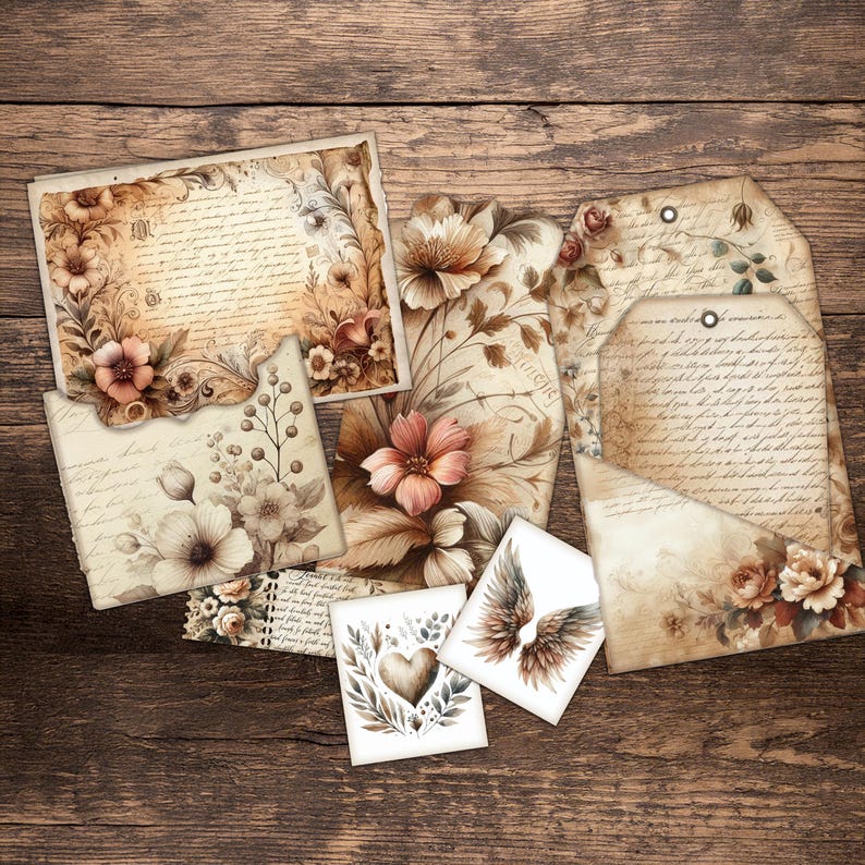 Printable Floral Script Junk Journal Kit – Vintage Botanical Pages ...