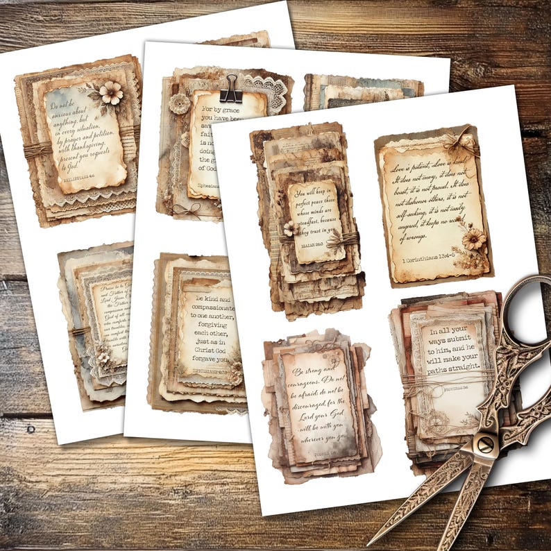 A set of printable layered scripture journal cards featuring vintage-style ephemera with faith-inspired designs. Each card includes elegant floral backgrounds, aged paper textures, delicate lace details, and handwritten scripture passages in ornate fonts. Soft pastel hues of blush, beige, and sage add a timeless, devotional touch. Perfect for junk journaling, scrapbooking, and Bible journaling, these printable scripture cards bring inspiration and beauty to creative projects.