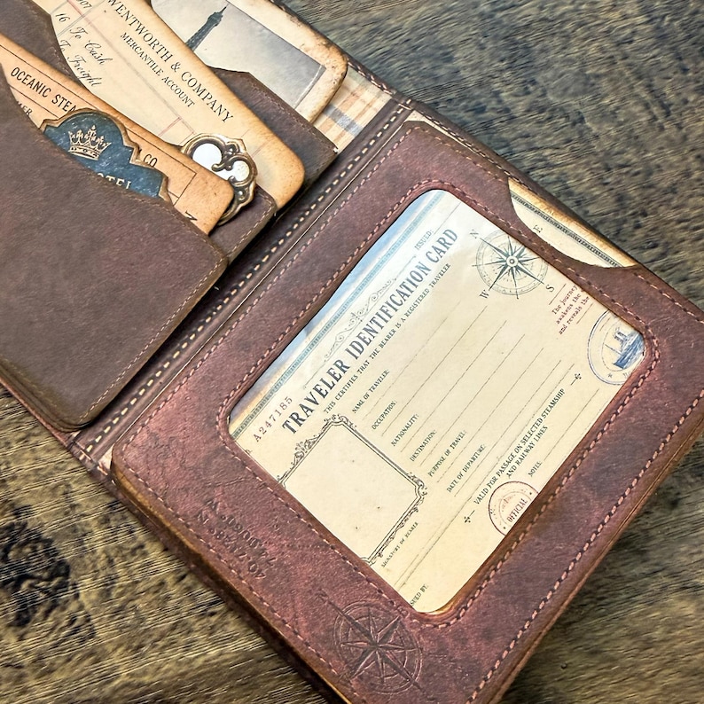 DIY printable traveler's wallet with vintage ID card and journaling ephemera for scrapbooking.