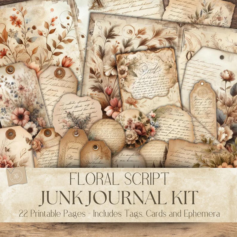 Printable Floral Script Junk Journal Kit – Vintage Botanical Pages ...