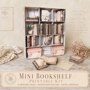 May include: A miniature wooden bookshelf with nine compartments filled with small books, a potted plant, and two pink boxes. Additional miniature books, a blank library card, and a lace cloth are arranged in front of the shelf unit.