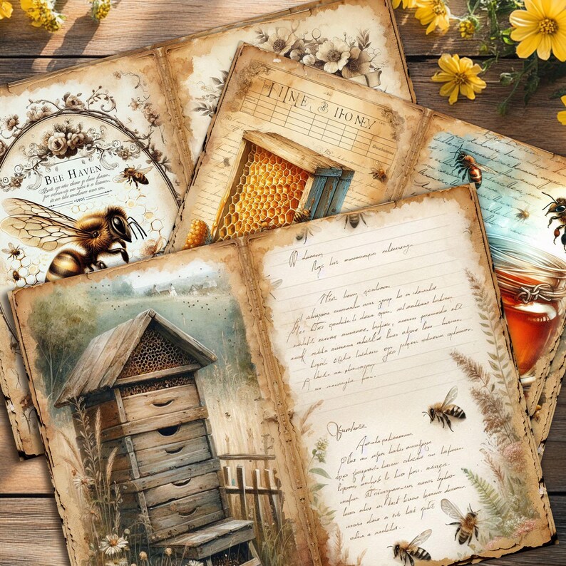 Vintage Bee Haven Junk Journal Pages – Printable Honey Bee Floral Paper ...