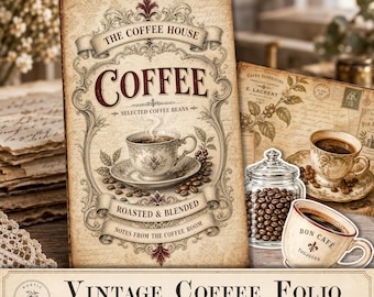Printable Coffee Folio Kit, Old World Cafe Journal, Vintage Ephemera, Pockets, Envelopes, Cards, Tags, PDF Scrapbook Download