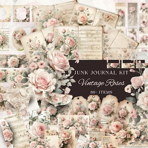 May include: A digital junk journal kit with over 80 vintage rose themed images. The kit includes floral patterns, music sheets, tags, and envelopes. The images are in shades of pink, cream, and brown.