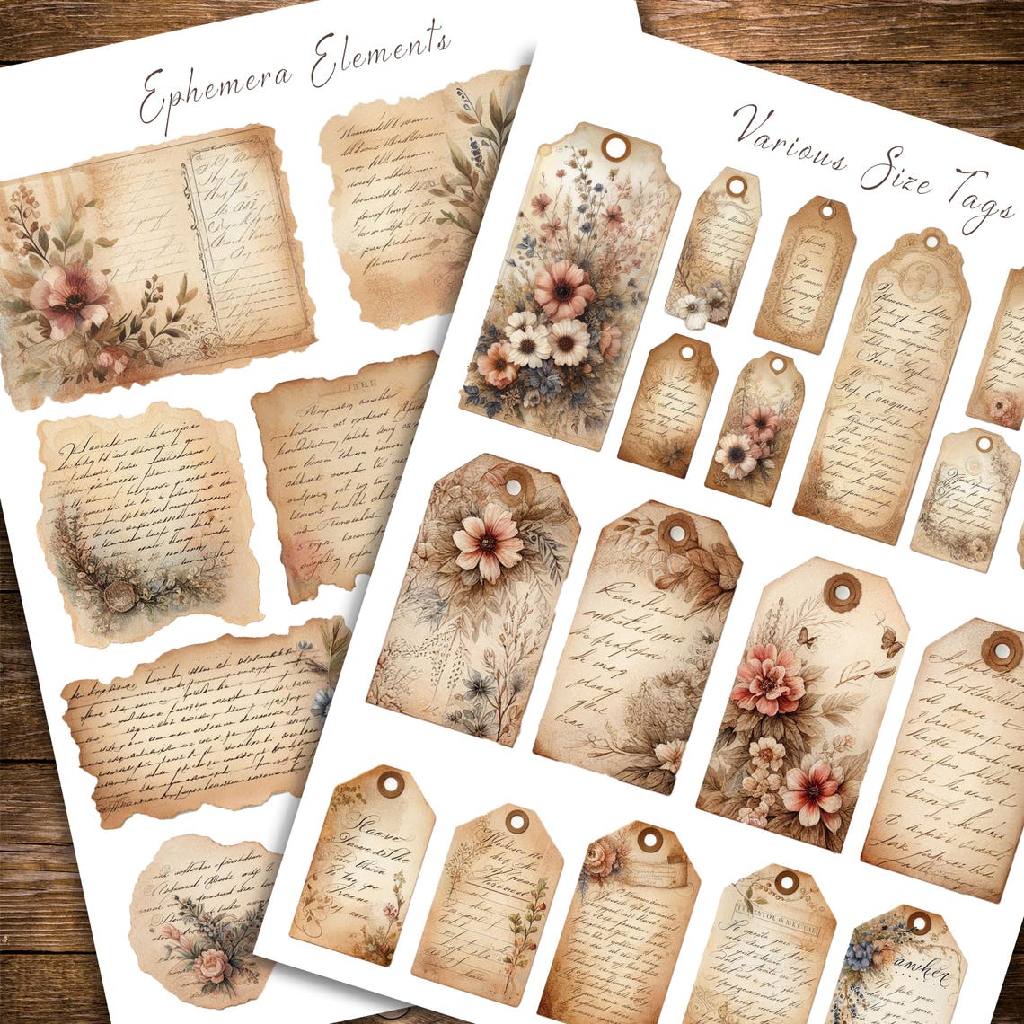 Printable Floral Script Junk Journal Kit – Vintage Botanical Pages ...