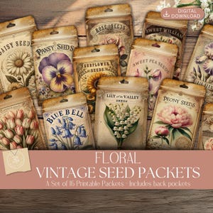 Printable Floral Seed Packets – Vintage Botanical Ephemera – Digital Download for Junk Journals & Crafts