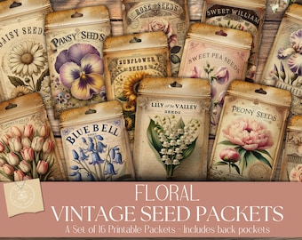 Printable Floral Seed Packets – Vintage Botanical Ephemera – Digital Download for Junk Journals & Crafts