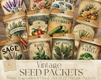 Digital Vintage Seed Packet Printables – Herbs, Flowers & Vegetables – Antique Ephemera for Junk Journals, Scrapbooking and Crafts