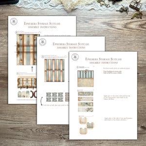 Printable French Country ephemera accordion storage suitcase kit in dusty blue, cream, and blush tones. Includes vintage-inspired suitcase panels, six coordinating folder inserts with toile, damask, and floral designs, matching backing paper, six small pockets, six elegant tags, and three luggage tags. Perfect for organizing and storing journaling supplies, scrapbooking materials, tickets, and keepsakes in a romantic French country style. Digital download for crafting.