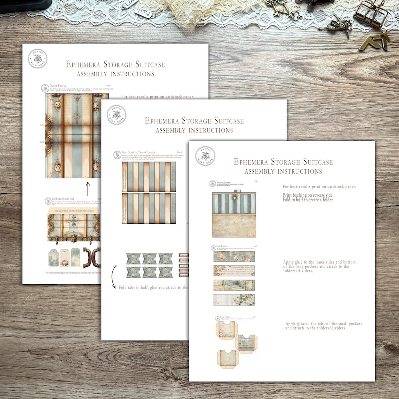 Printable French Country ephemera accordion storage suitcase kit in dusty blue, cream, and blush tones. Includes vintage-inspired suitcase panels, six coordinating folder inserts with toile, damask, and floral designs, matching backing paper, six small pockets, six elegant tags, and three luggage tags. Perfect for organizing and storing journaling supplies, scrapbooking materials, tickets, and keepsakes in a romantic French country style. Digital download for crafting.