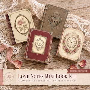 Love Notes Printable Mini Book Kit | 4 Romantic Vintage Books with Accordion Pages, Library Cards & Pockets | Junk Journal Download
