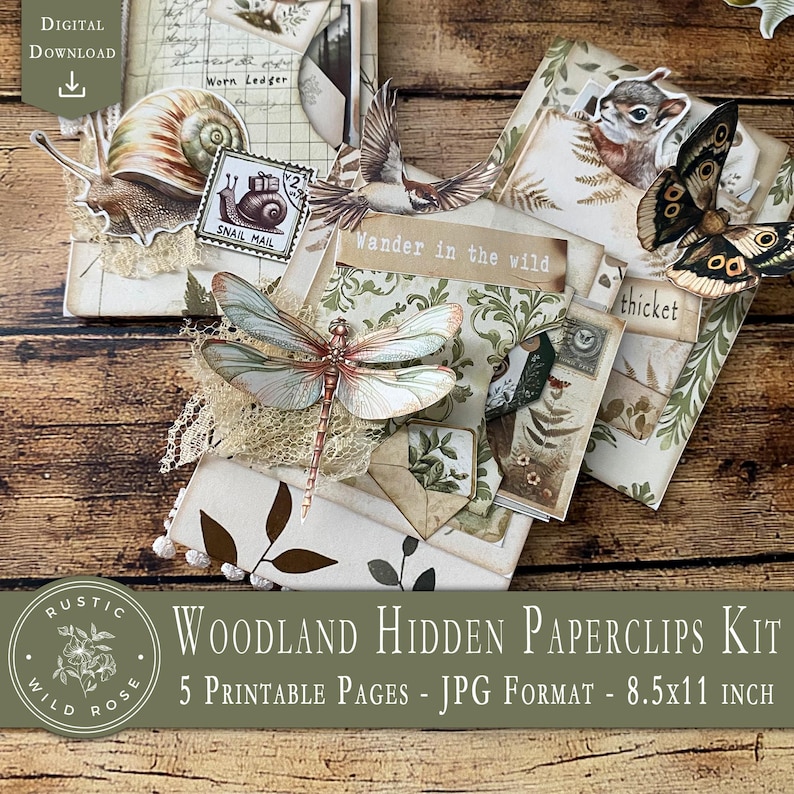 Digital printable woodland-themed hidden paperclips featuring forest animals, mushrooms, leaves, acorns, and rustic textures. Perfect for junk journaling, scrapbooking, planners, and DIY crafts. High-resolution designs for easy print-and-cut assembly. Ideal for nature lovers and woodland-themed projects. Adds a charming, functional embellishment to handmade journals and creative paper crafts. Instant download, print as many as needed.
