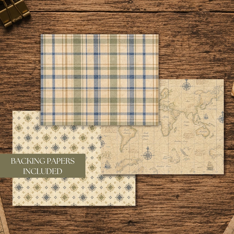 Printable vintage backing papers for travel journaling kits with map and plaid designs.