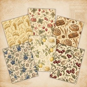 Complete printable collection showing six vintage bakery matchbox kits with Butter Croissants, Strawberry Tart, Cinnamon Rolls, Blueberry Muffins, Lemon Scones, and Cherry Hand Pies designs.