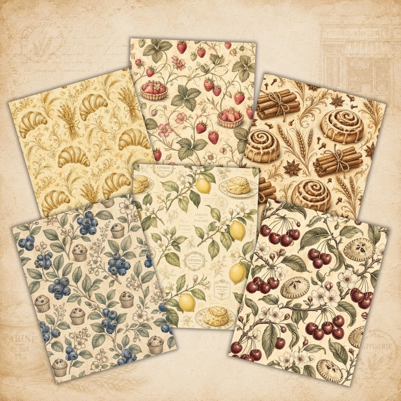 Complete printable collection showing six vintage bakery matchbox kits with Butter Croissants, Strawberry Tart, Cinnamon Rolls, Blueberry Muffins, Lemon Scones, and Cherry Hand Pies designs.