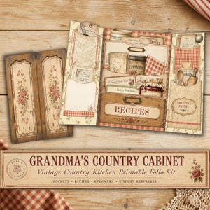 Peut inclure: Un kit de folio imprimable intitulé Grandma's Country Cabinet avec un design de cuisine comprenant des poches, des fiches de recettes et des éphémères. Le papier présente des illustrations d'armoires en bois, de bocaux et de motifs vichy rouges.