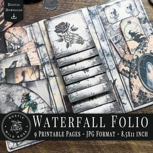 May include: A digital download of a waterfall folio with a rustic, gothic theme. The folio features a rose held by a skeleton hand, tags with vintage illustrations, and the text "WATERFALL FOLIO". The printable pages are 8.5x11 inches.