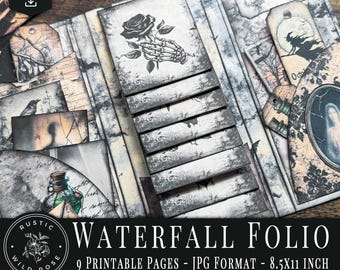 May include: A digital download waterfall folio featuring nine printable pages in 8.5x11 inch format. The design includes gothic imagery such as a skeleton hand holding a rose, skulls, a witch silhouette, and a potion bottle in black, white, and gray.