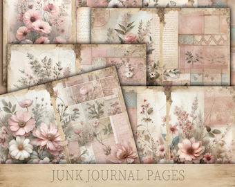 Pink Patchwork Junk Journal Pages: Floral Ephemera, Collage (Digital Download)