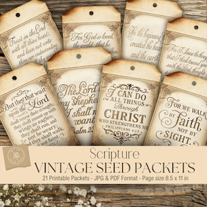 以下が含まれることがあります： 宗教的な引用句が書かれた、ヴィンテージスタイルの種子パックのコレクション。 パックはベージュ色で、装飾的なボーダーがあり、さまざまな聖書の詩が特徴です。 画像には「Scripture Vintage Seed Packets」と「21 Printable Packets - JPG & PDF Format - ページサイズ21.6 x 27.9 cm」というテキストが含まれています。