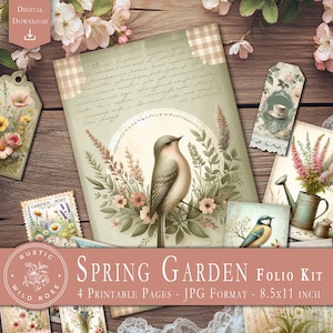 Digitale folioset lentetuin | Vintage bloemen, kortstondig afdrukbaar Cottagecore-plakboek, Shabby Chic Garden Paper Craft, botanisch