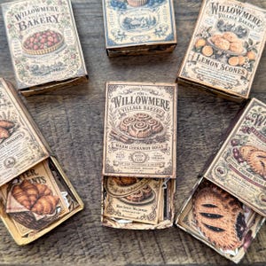 Vintage printable bakery matchbox collection featuring six miniature matchbox kits, recipe cards, bakery ephemera, and coordinating paper crafting elements from The Willowmere Village Bakery.