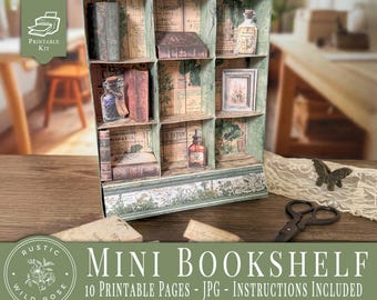 Mini Bookshelf Digital Kit | Vintage Printable Ephemera Storage | Junk Journal Organizer | DIY Paper Craft Shelf Display | Digital Download