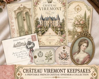 Château Viremont Junk Journal Ephemera Kit, Vintage French Printable Digital Download